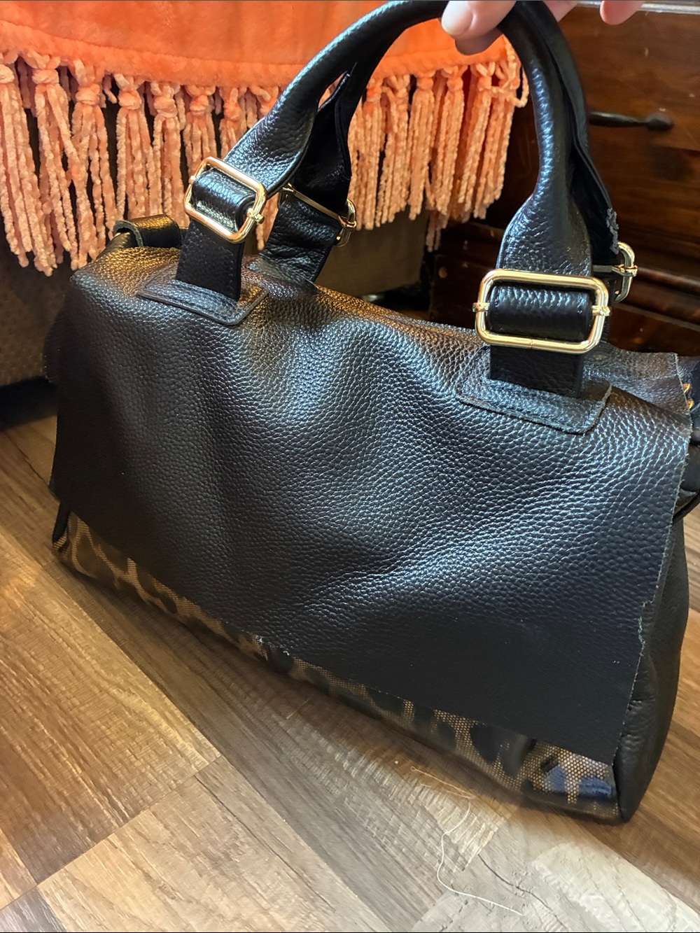 Structured Black Leather Satchel W/Leopard Accent Panel - Picture 4 of 16